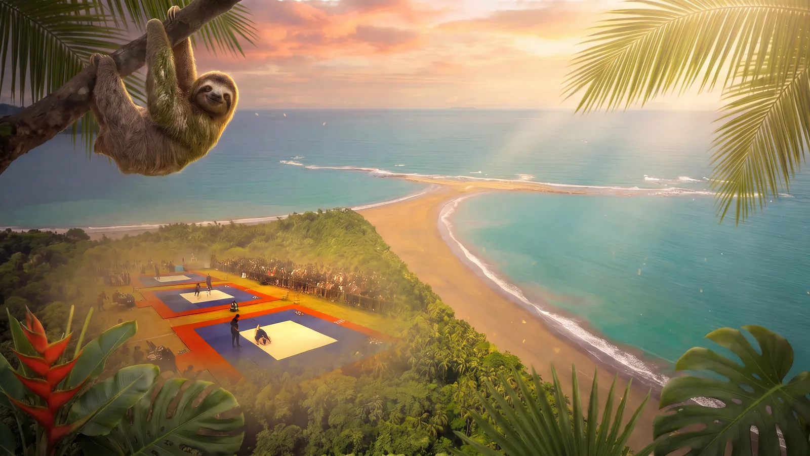Arte del LigaBJJ Costa Rica Summer 2027: un perezoso en una palmera, la cola de ballena de Marino Ballena y los tatamis del torneo junto al mar